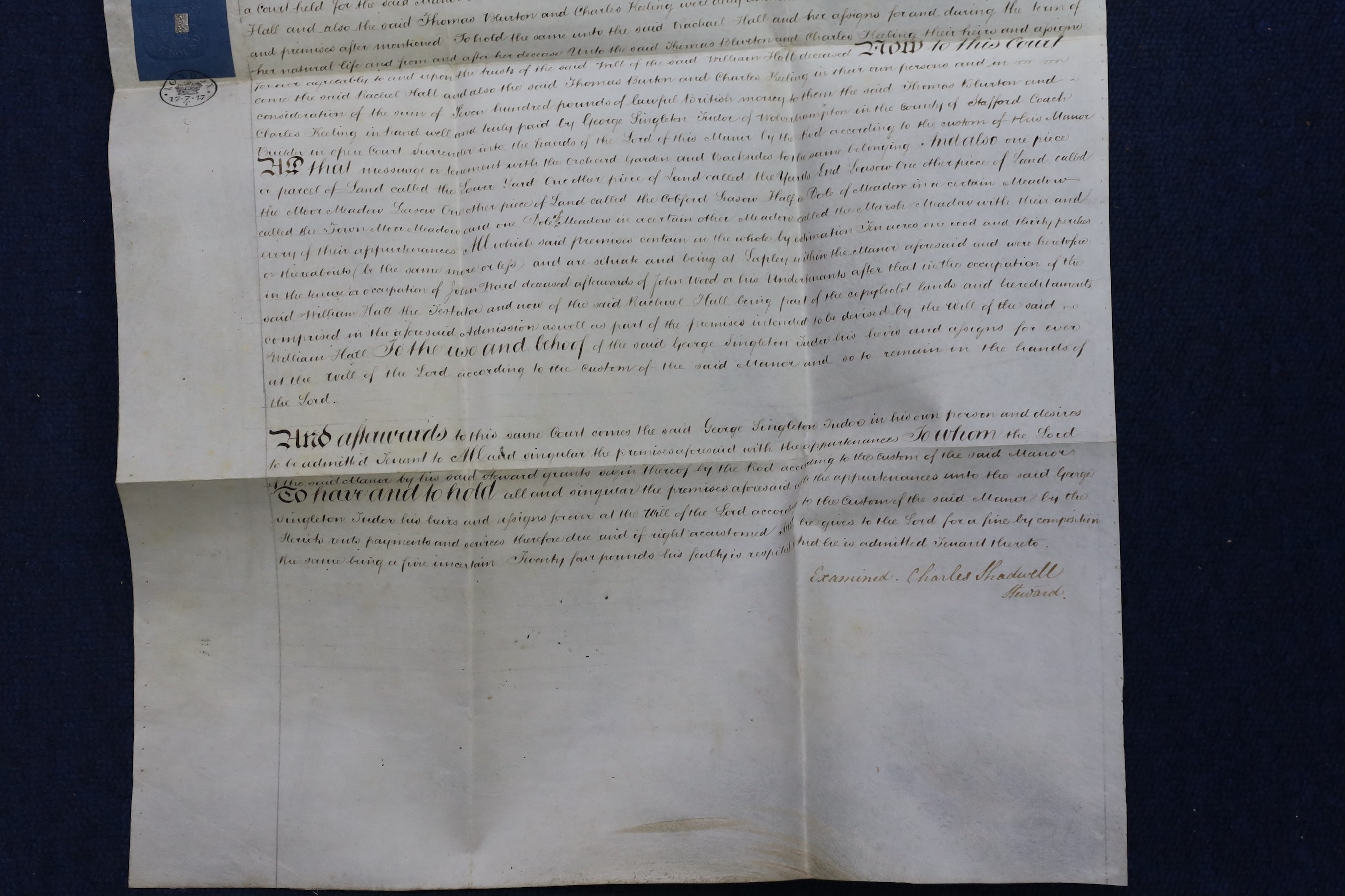 Three 19th legal documents on vellum:-The last will and testament of Thomas Osbourne, 4 leaves, dated 12th November, 1838, 65 x 72cms; Copy of a surrender of a lease, for land in the Manor of Lapley and Aston [Staffordsh